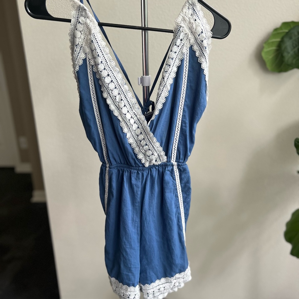 Blue and White Lace Trim Romper
